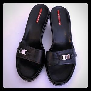 PRADA leather sport buckle wedges